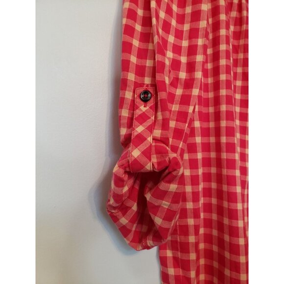 Holding Horses Women Sz 8 Flannel Shirt Red Plaid Button Roll Tab Sleeve Ruffles - Picture 4 of 8